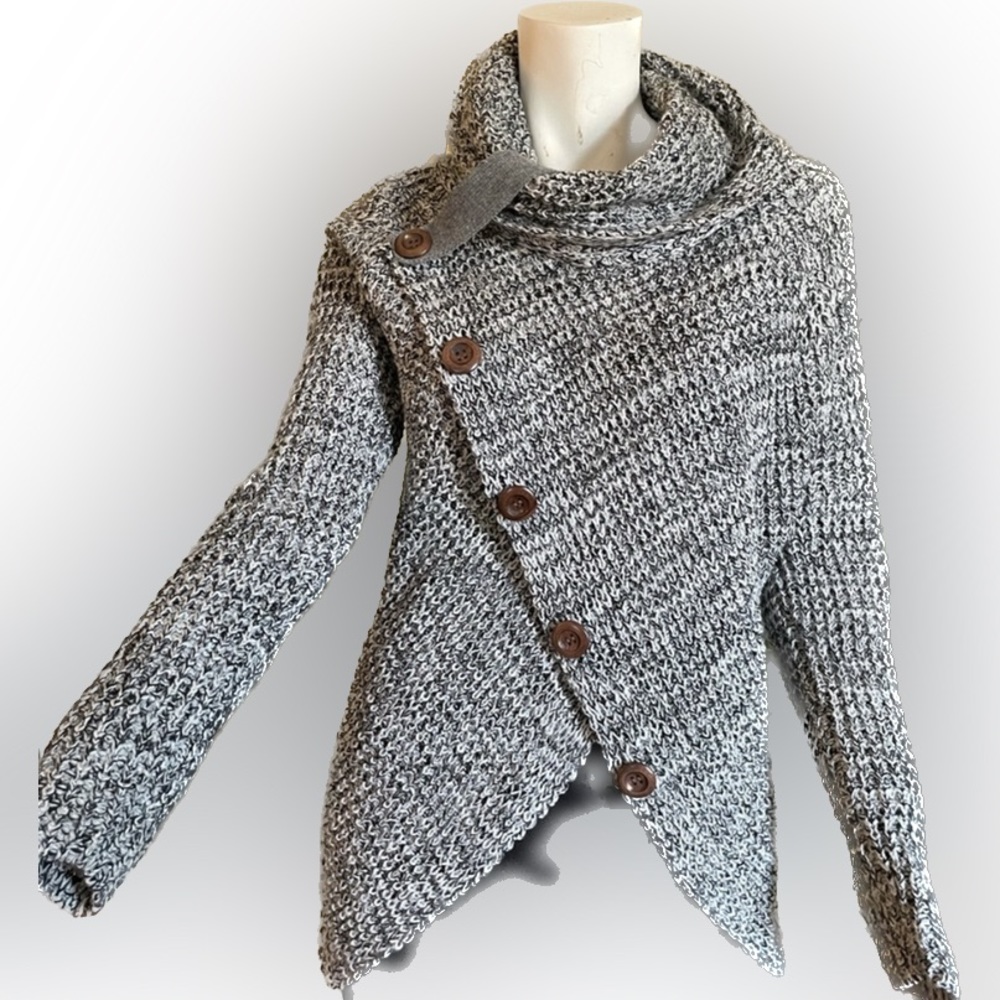Ladies grey cowl neck button wrap thick knit acrylic sweater